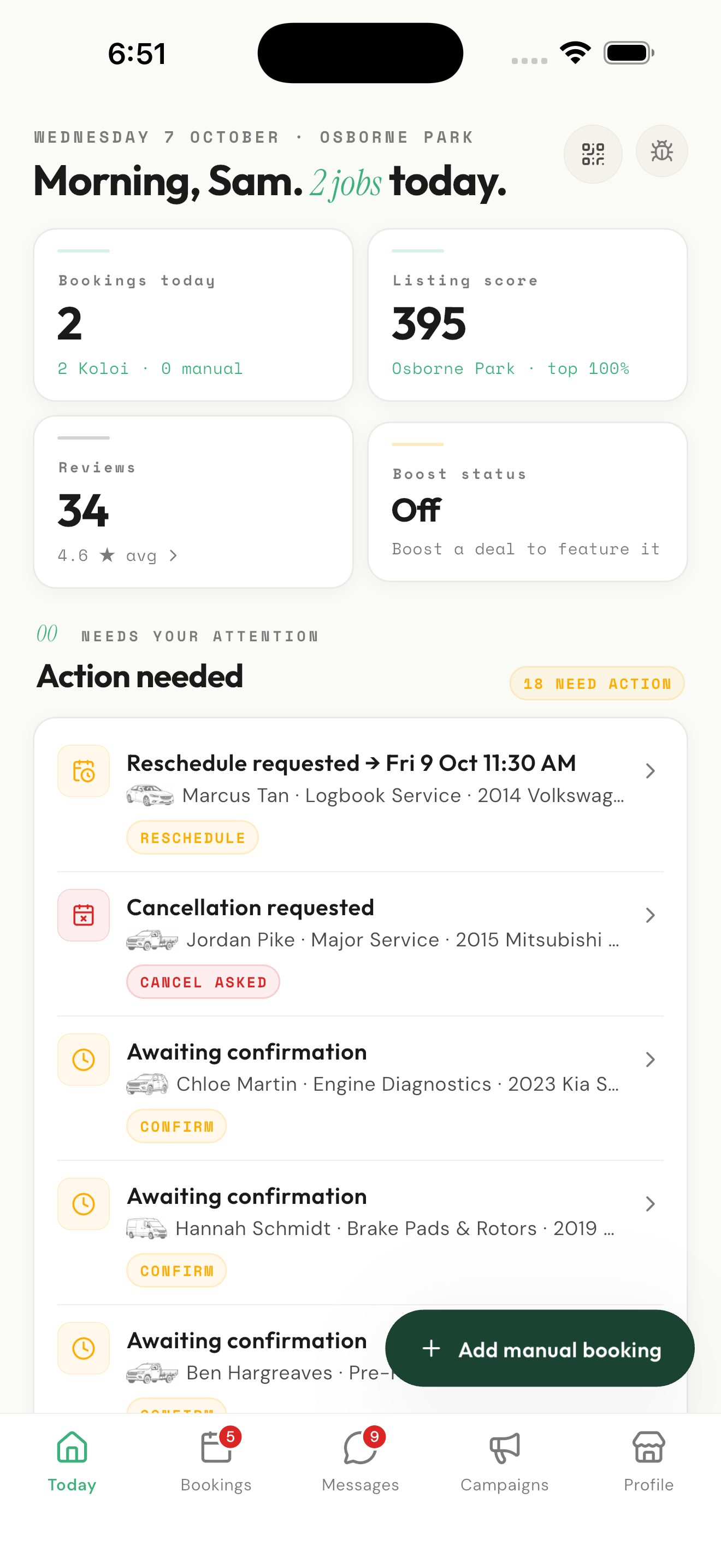 The Koloi business app: today's jobs and what needs attention