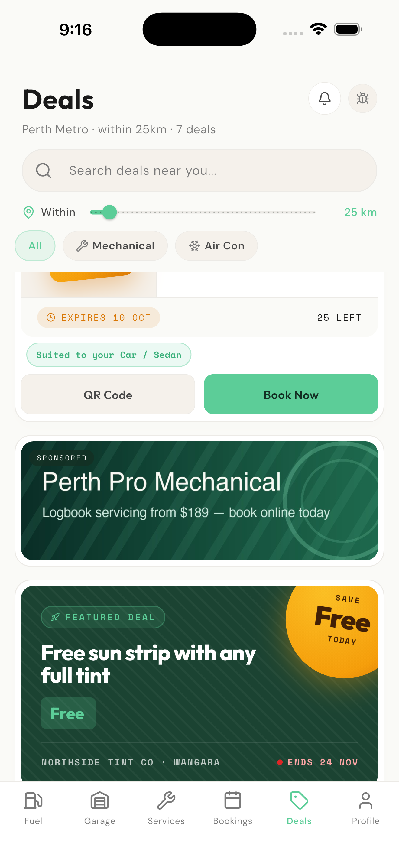 The Deals feed in the Koloi driver app, with a sponsored banner between the deals