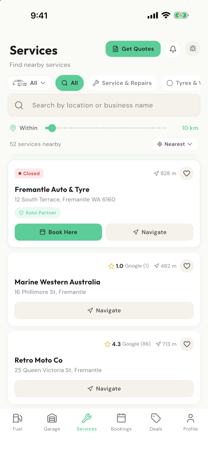 Koloi Services: Fremantle Auto & Tyre, a Koloi Partner, with Book Here and Navigate